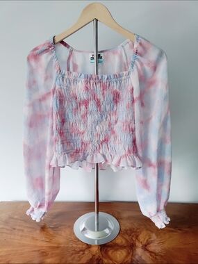 Future Collective Pink & Blue Tie-Dye Smocked Long-Sleeve Top